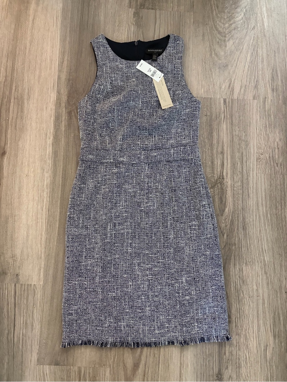 Banana Republic Navy and White Tweed Sleeveless Midi Sheath Dress